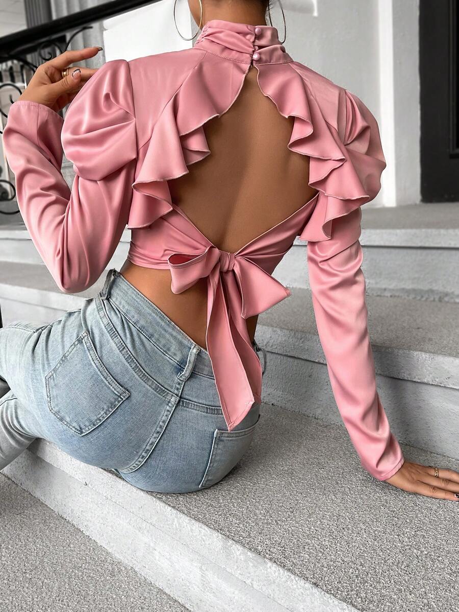 SHEIN Privé 小高領羊腿袖荷葉邊後背繫帶短款襯衫 - 粉色 - 查看 1