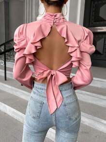 SHEIN Privé 小高領羊腿袖荷葉邊後背繫帶短款襯衫 - 粉色 - 查看 2