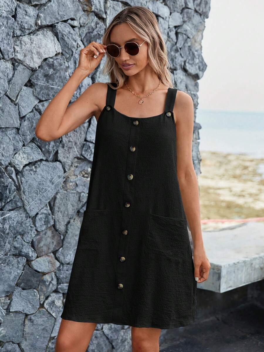 Sylviya 前紐扣口袋貼布吊帶連衣裙 - 黑色 - 查看 1