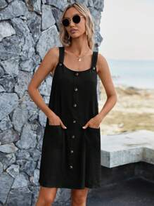 Sylviya 前紐扣口袋貼布吊帶連衣裙 - 黑色 - 查看 3