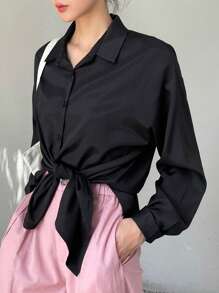 DAZY Solid Button Front Drop Shoulder Shirt Long Sleeve Top - Black - View 1
