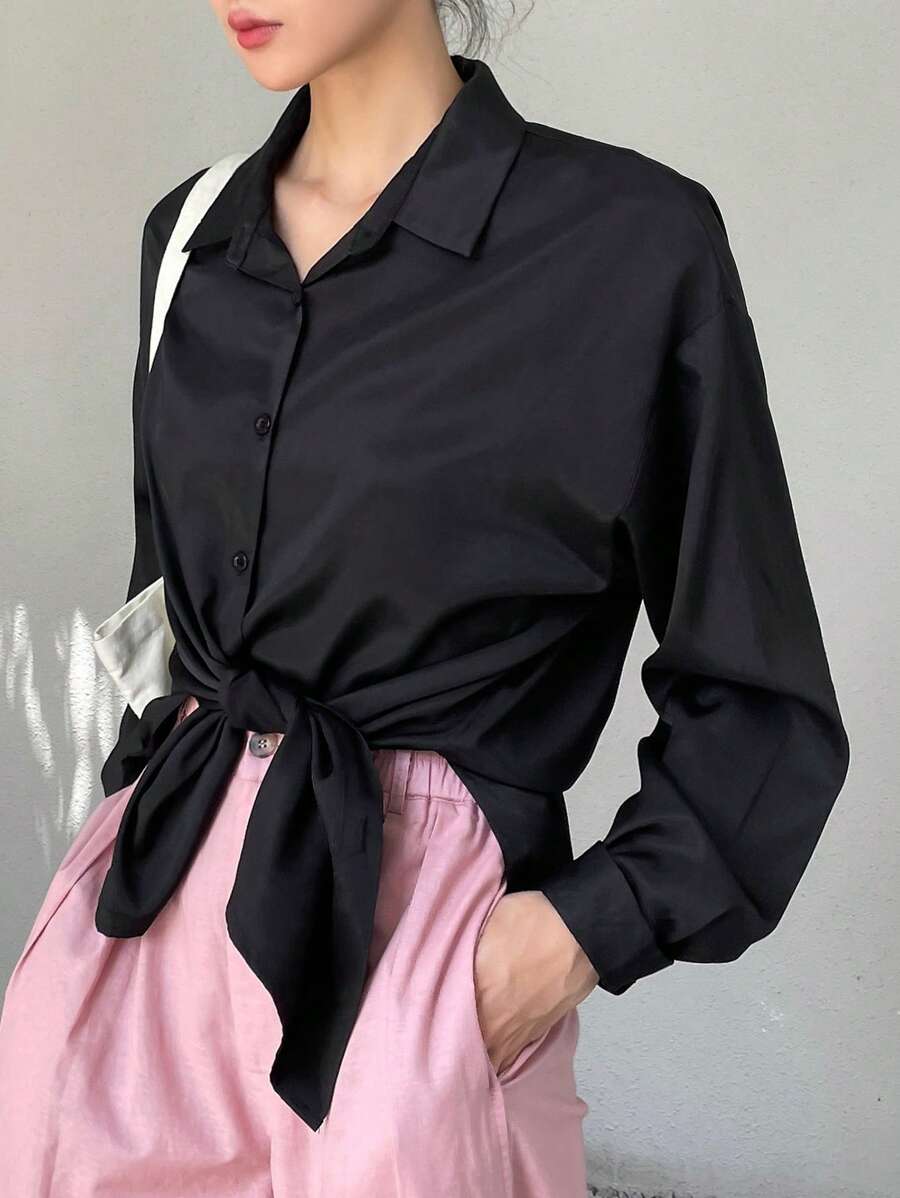 DAZY Solid Button Front Drop Shoulder Shirt Long Sleeve Top - Black - View 1