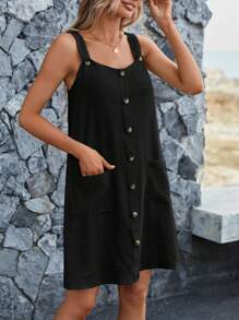 Sylviya 前紐扣口袋貼布吊帶連衣裙 - 黑色 - 查看 4