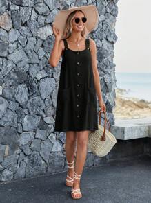 Sylviya 前紐扣口袋貼布吊帶連衣裙 - 黑色 - 查看 5