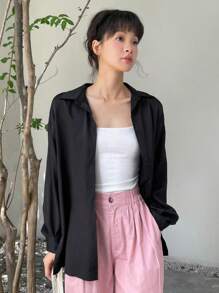 DAZY Solid Button Front Drop Shoulder Shirt Long Sleeve Top - Black - View 4