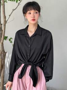 DAZY Solid Button Front Drop Shoulder Shirt Long Sleeve Top - Black - View 5