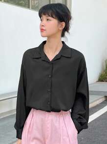 DAZY Solid Button Front Drop Shoulder Shirt Long Sleeve Top - Black - View 7