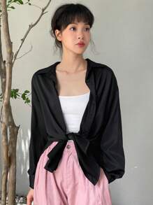 DAZY Solid Button Front Drop Shoulder Shirt Long Sleeve Top - Black - View 9