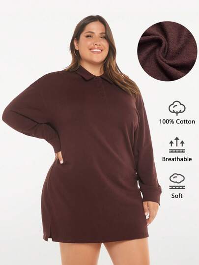 SHEIN BASICS Talla grande Vestido sudadera de cuello polo de hombros caídos bajo con abertura
