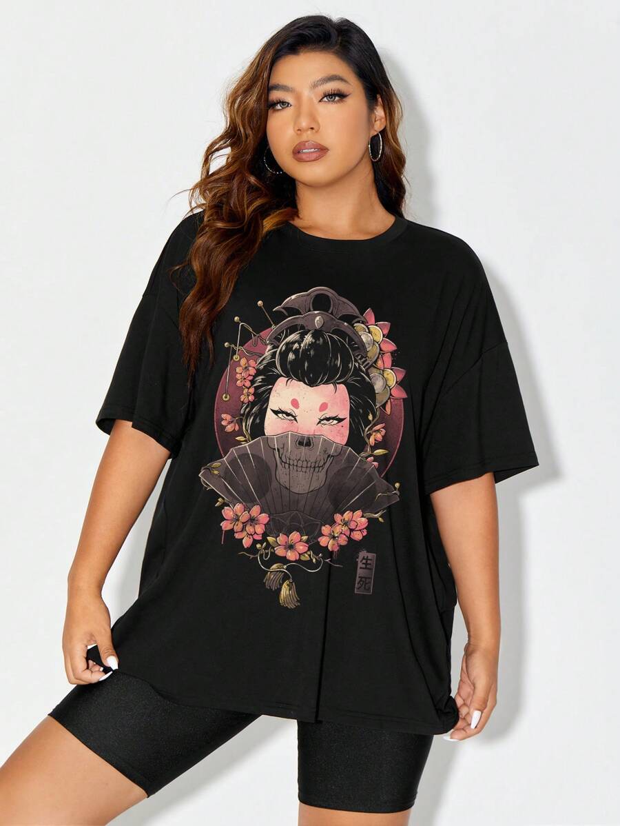 Eduely Talla grande Camiseta de hombros caídos estampado de cráneo - Negro - Ver 1