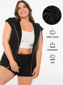 SHEIN BASICS Talla grande Sudadera Chaleco con cremallera con capucha - Negro - Ver 6