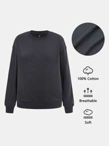 SHEIN BASICS Chất rắn Thả vai Áo nỉ - Màu xám đen - Xem 8