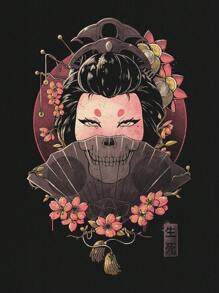 Eduely Talla grande Camiseta de hombros caídos estampado de cráneo - Negro - Ver 2