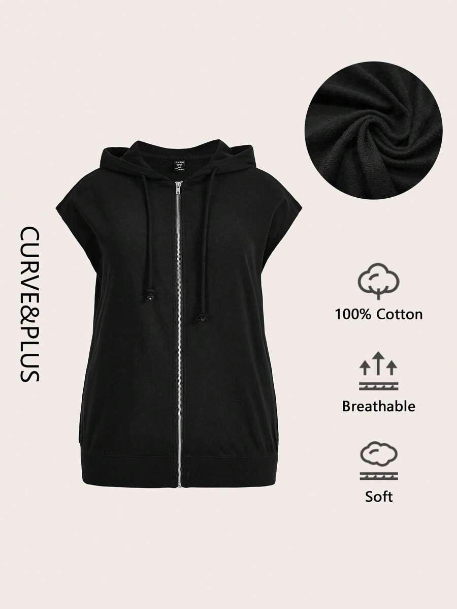 SHEIN BASICS Talla grande Sudadera Chaleco con cremallera con capucha - Negro - Ver 1