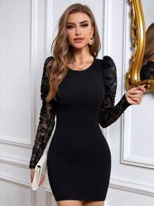 SHEIN Privé 拼接網紗刺繡羊腿袖緊身連衣裙 - 黑色 - 查看 1