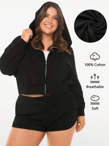 SHEIN BASICS 加大码毛圈绒拉链抽绳卫衣 - 黑色 - 查看 1