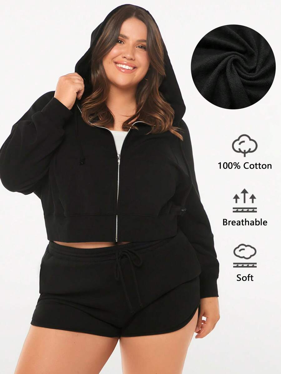 SHEIN BASICS 加大码毛圈绒拉链抽绳卫衣 - 黑色 - 查看 1