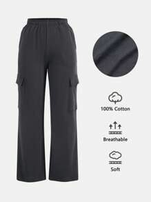 SHEIN BASICS Flap Pocket Side Cargo Trousers - Dark Grey - View 1