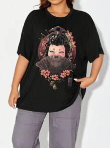 Eduely Talla grande Camiseta de hombros caídos estampado de cráneo - Negro - Ver 3
