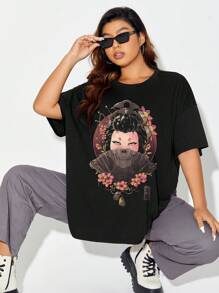 Eduely Talla grande Camiseta de hombros caídos estampado de cráneo - Negro - Ver 5