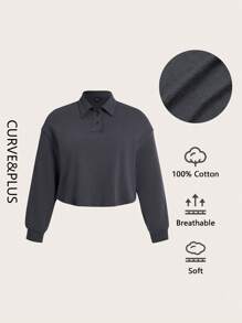 SHEIN BASICS Plus Terry Fleece Polo Neck Drop Shoulder Crop Sweatshirt - Dark Grey - View 1