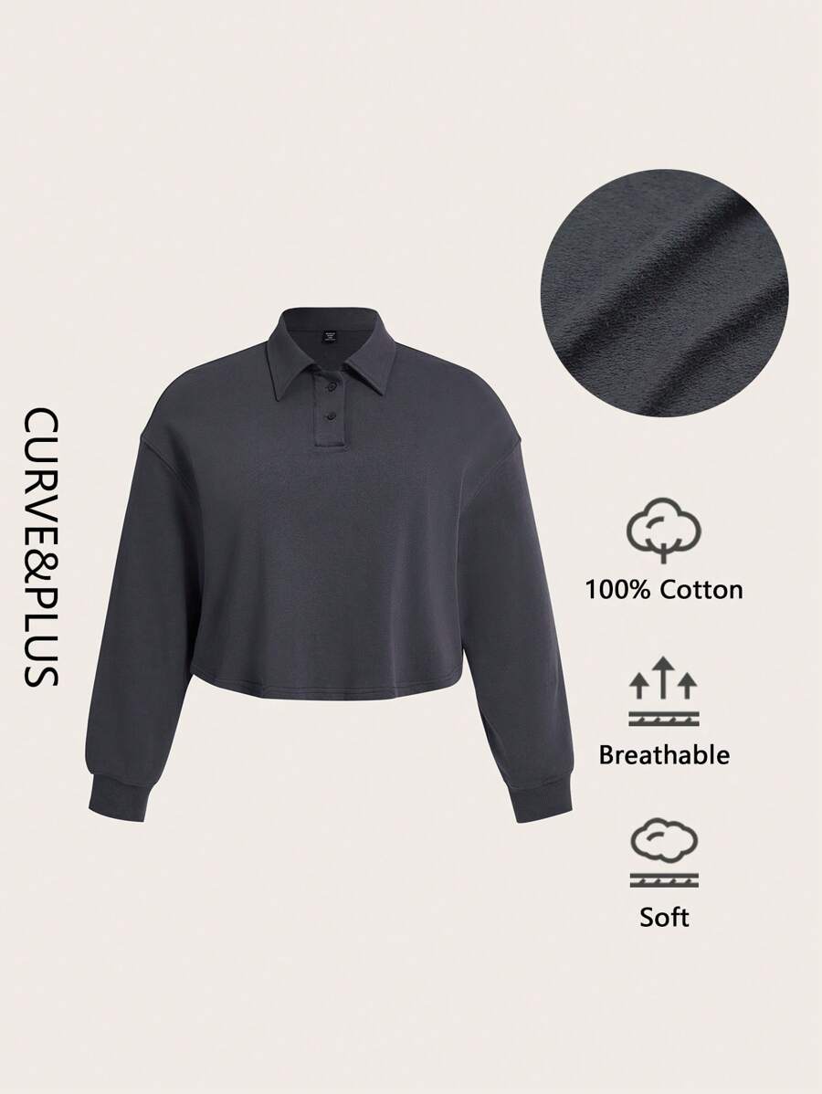 SHEIN BASICS Plus Terry Fleece Polo Neck Drop Shoulder Crop Sweatshirt - Dark Grey - View 1