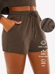 SHEIN BASICS Shorts deportivos lisos con bolsillo oblicuo y cintura con cordón de felpa de felpa - Café integral - Ver 1