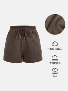 SHEIN BASICS Shorts deportivos lisos con bolsillo oblicuo y cintura con cordón de felpa de felpa - Café integral - Ver 8