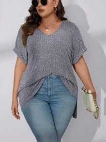 SHEIN LUNE 大碼蝙蝠袖高低下擺T恤 - 灰色 - 查看 1