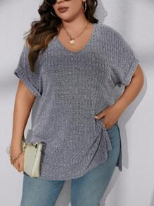 SHEIN LUNE 大碼蝙蝠袖高低下擺T恤 - 灰色 - 查看 3