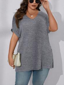 SHEIN LUNE 大碼蝙蝠袖高低下擺T恤 - 灰色 - 查看 4