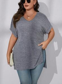 SHEIN LUNE 大碼蝙蝠袖高低下擺T恤 - 灰色 - 查看 5