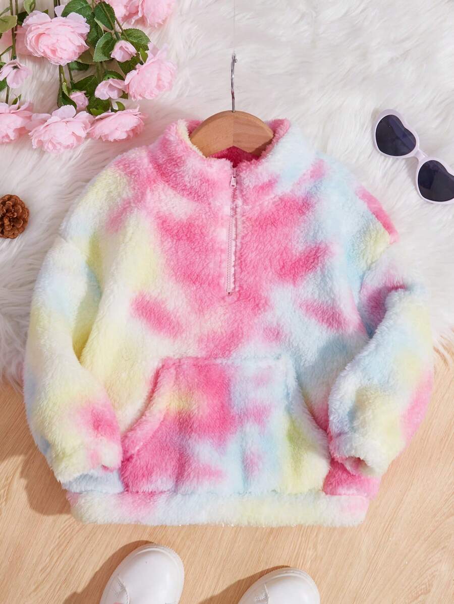 SHEIN 女小童紮染袋鼠口袋半拉鏈絨毛運動衫 - 彩色 - 查看 1