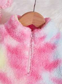 SHEIN 女小童紮染袋鼠口袋半拉鏈絨毛運動衫 - 彩色 - 查看 3