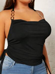 SHEIN SXY Plus Chain Detail Drawstring Side Halter Top - Black - View 6