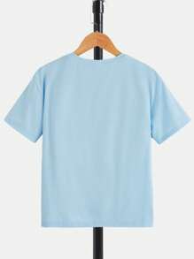 SHEIN 適合青少年男孩夏季短袖圓領休閒T恤，帶標語和卡通圖案 - 淺藍色 - 查看 2