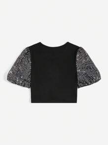 SHEIN Privé 亮片拼接前扭結短款T恤 - 黑色 - 查看 2