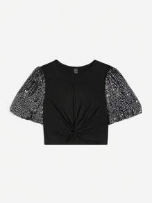 SHEIN Privé 亮片拼接前扭結短款T恤 - 黑色 - 查看 3