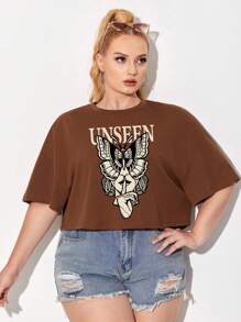 Afdhal Studio Talla grande Camiseta de hombros caídos con estampado de letra - Óxido marrón - Ver 1