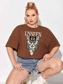 Afdhal Studio Talla grande Camiseta de hombros caídos con estampado de letra - Óxido marrón - Ver 3