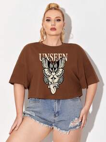 Afdhal Studio Talla grande Camiseta de hombros caídos con estampado de letra - Óxido marrón - Ver 5