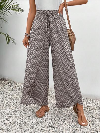 SHEIN Frenchy Allover Print Knot Waist Tulip Hem Wide Leg Baggy Cross Over Pants Winter Chic Brown Casual Spring