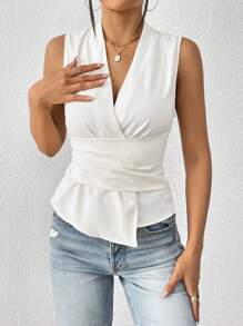 SHEIN Privé 素色交叉圍裹不對稱下擺無袖襯衫 - 白色 - 查看 4