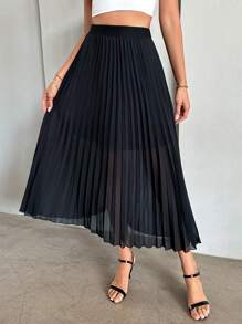 Firerie Solid Pleated Hem Skirt - Black - View 3