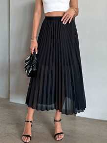 Firerie Solid Pleated Hem Skirt - Black - View 2