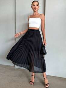 Firerie Solid Pleated Hem Skirt - Black - View 1