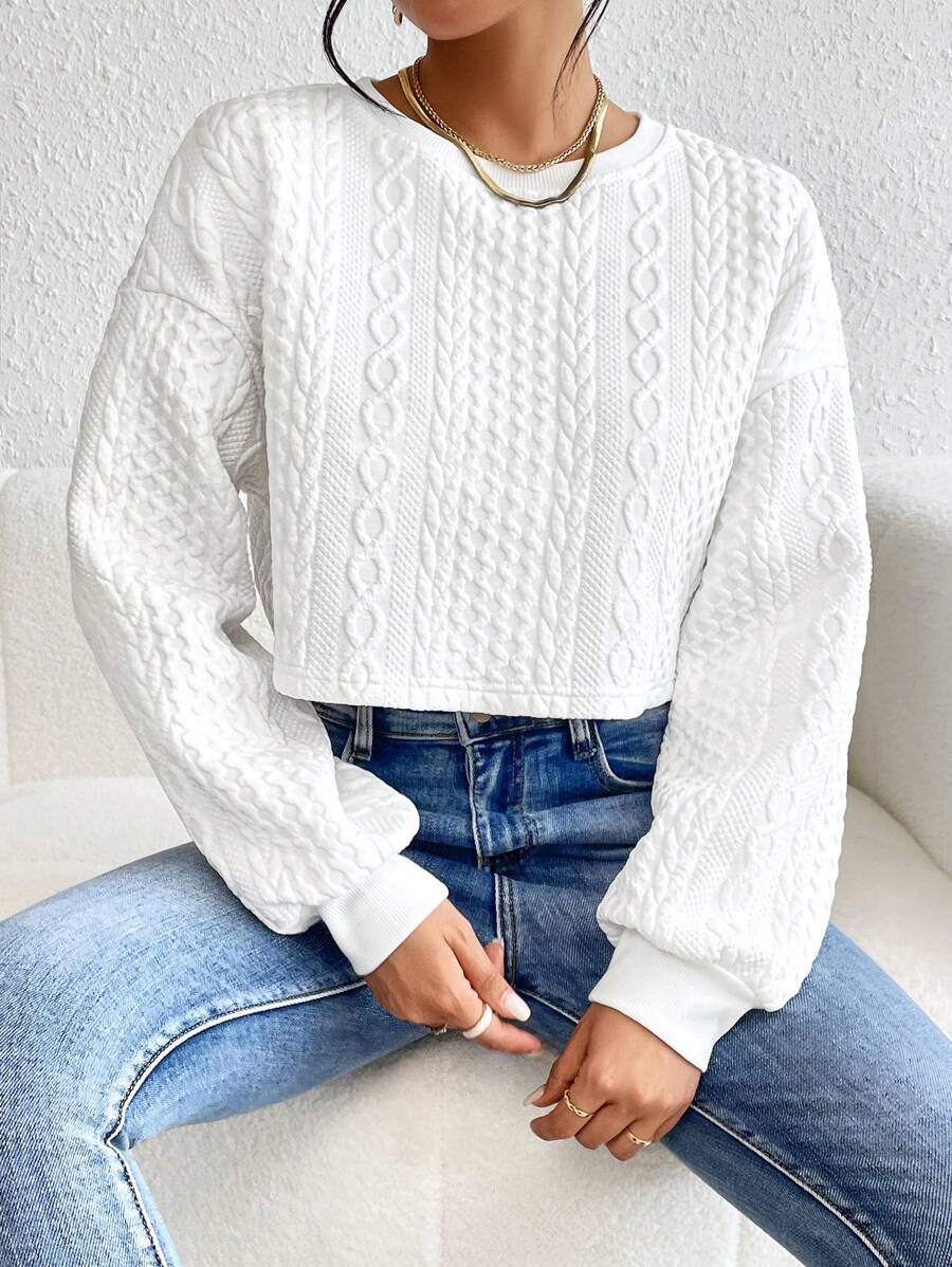 SHEIN Essnce 女士春秋休闲纯色长袖圆领短款运动衫、长袖上衣 - 白色 - 查看 1