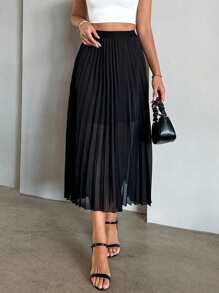 Firerie Solid Pleated Hem Skirt - Black - View 6