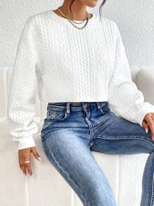 SHEIN Essnce 女士春秋休闲纯色长袖圆领短款运动衫、长袖上衣 - 白色 - 查看 3