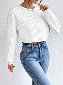 SHEIN Essnce 女士春秋休闲纯色长袖圆领短款运动衫、长袖上衣 - 白色 - 查看 5